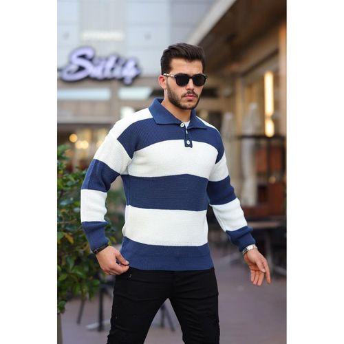 Düğmeli Polo Yaka Yarım Oversize Çizgili Triko Kazak - Lacivert