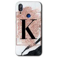 MRCİLETİSİM Vestel E5 Kılıf HD Desen Baskılı Arka Kapak+Temperli Cam - Pembe Mermer Desenli K Harfi