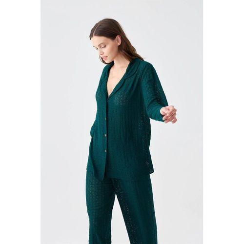 Kadın Zümrüt Yeşili Önden Düğmeli Rahat Kesim Pijama Takımı