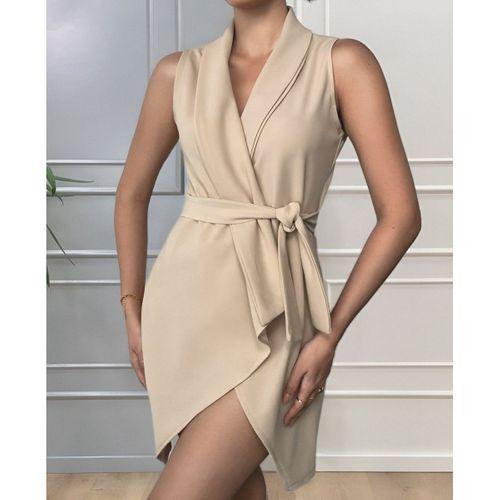 Kruvaze Yaka Kuşaklı Krep Kumaş Elbise