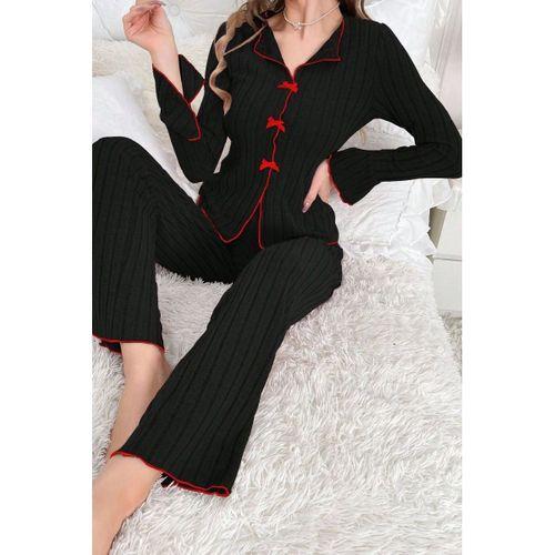 Kadın Siyah Kırmızı Biyeli Fiyonk Detaylı Uzun Kollu Mevsimlik Pijama Takımı Premium Ev Giyim