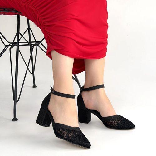 Dmop Siyah Cilt Simli Tül Detaylı Topuklu Ayakkabı