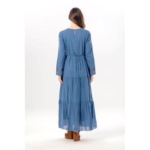 Uzun Kol Zeynep Bisiklet Yaka Nakışlı Uzun Vual Elbise İndigo indg