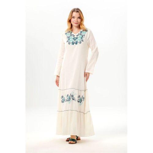 Uzun Kol Venedik Nakışlı Şile Bezi Otantik Uzun Elbise Krem Krm