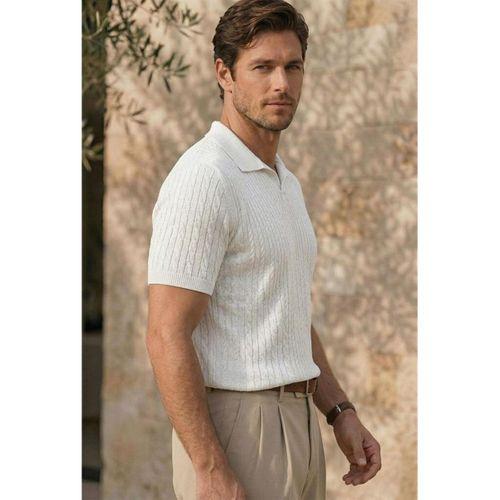 Nestor Saç Örgü Desenli Polo Yaka Regular Fit Örme İnce Triko Erkek T-Shirt - Ekru