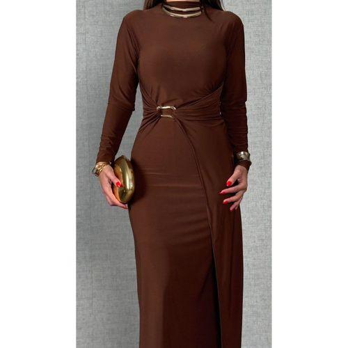 Kadın Balıkçı Yaka Toka Detay Sandy Kumaş Midi Boy Elbise