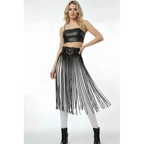 Siyah Etek Deri Yüksek Bel Etek Çift Tokalı Uzun - Brf1090