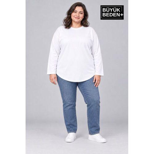 Süperlife Kadın Büyük Beden Bisiklet Yaka Süprem İnce Uzun Kollu Oval Etek Tişört SPR26BTSK943