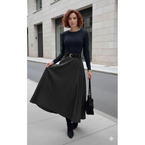 Kadın Yüksek Belli Maxi Deri Kemersiz Etek