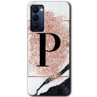 Potkal Hediye Fabrikası Tecno Camon 18P Kılıf HD Desen Baskılı Arka Kapak - Pembe Mermer Desenli P Harfi