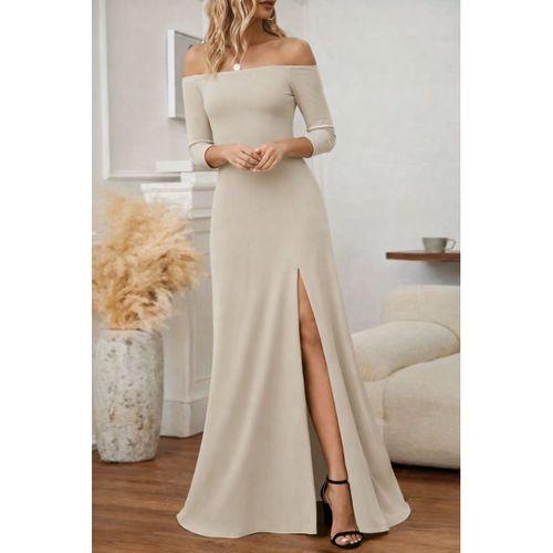 Kadın Uzun Kollu Madonna Yakalı Yırtmaç Detaylı Uzun Ithal Krep Elbise