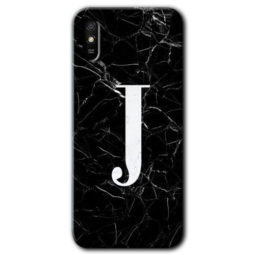 Xiaomi Redmi 9A Kılıf Baskılı Arka Kapak - Siyah Mermer Desenli J Harfi +Tam Ekran Koruyucu