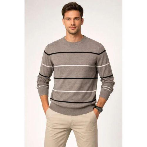 Erkek Bisiklet Yaka Cizgili Triko Kazak Yumuşak Dokulu Pamuklu Ince Dokuma, Uzun Kollu Rahat Regular Kalıp - Gri