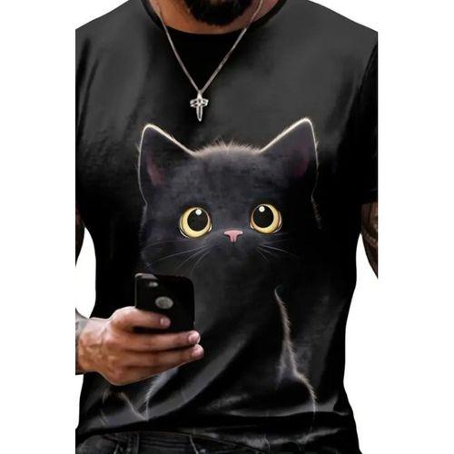 Erkek Bisiklet Yaka Kedi Baskılı Süprem T-shirt