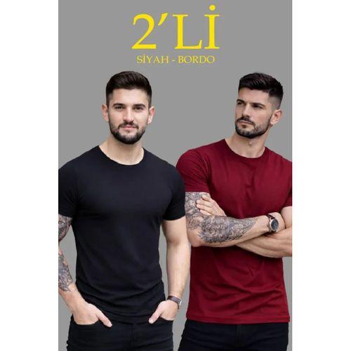 Erkek 2li Bisiklet Yaka Tişört – Kısa Kollu Yazlık Slim Fit Body - Siyah - Bordo