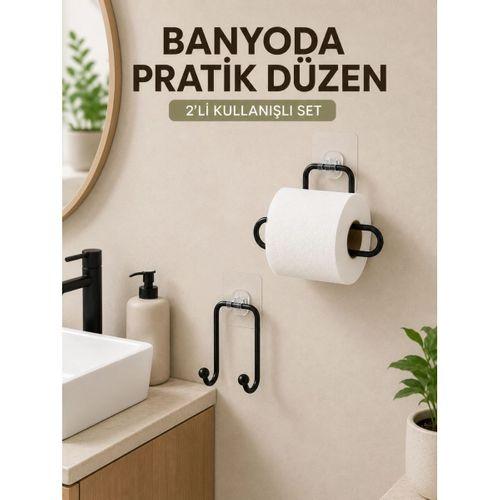 Vidasız Banyo Seti Yapışkanlı Tuvalet Kağıdı Tutucu Ve Havlu Askısı 2’li Set