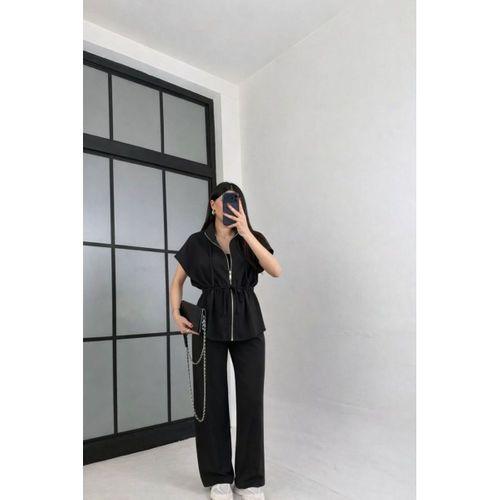 Kadın Yarasa Kol Fermuar Ve Lastikli Bağcık Detay Ceket Pantolon Ikili Takım