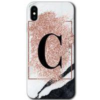 iPhone Xs Max Kılıf Kapak - Pembe Mermer Desenli C Harfi +Hayalet Ekran Yandan Gözükmez
