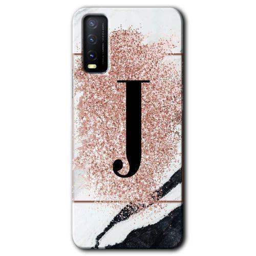 Vivo Y20 HD Baskılı Kılıf + 9D Tam Ekran Koruyucu - Pembe Mermer Desenli J Harfi
