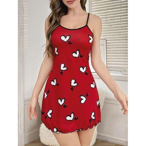 Kadın Kırmızı Beyaz Kalp Desenli Askılı Elbise 5063