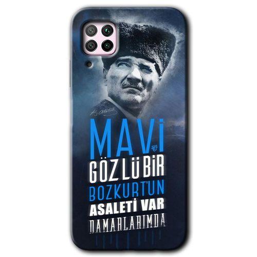 MRCİLETİSİM Huawei P40 Lite Kılıf HD Desen Baskılı Arka Kapak + Temperli Cam - Bozkurt Atatürk