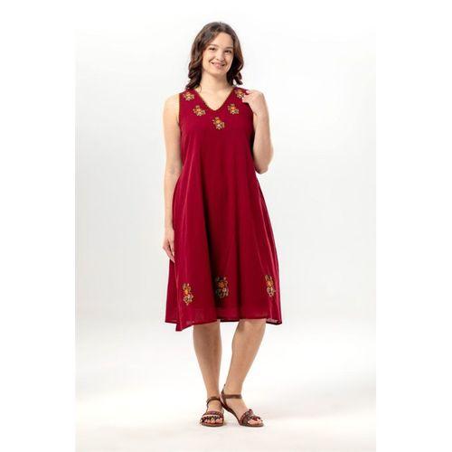Kolsuz Efsane V Yaka Nakışlı Yazlık Şile Bezi Midi Boy Elbise Bordo Brd