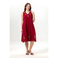 Kolsuz Efsane V Yaka Nakışlı Yazlık Şile Bezi Midi Boy Elbise Bordo Brd