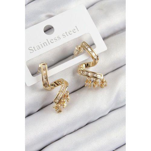 Pirinç Zirkon Taşlı Kıvrımlı Model Gold Renk Kadın Küpe