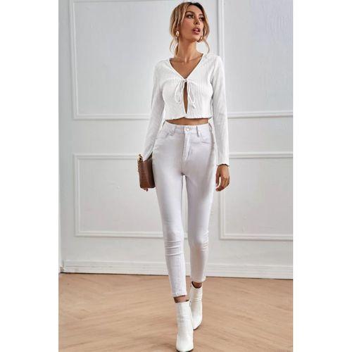 Kadın Beyaz Uzun Kollu Önden Bağlama Detaylı Crop Top Bluz