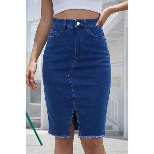 Kadın Yüksek Bel önden Yırtmaçlı Kısa Kot Etek