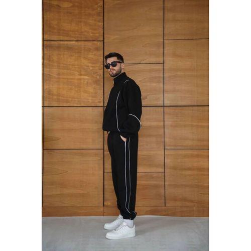 Erkek Premium Parçalı Eşofman Takım - Dik Yaka Fermuarlı Biyeli Sweatshirt Lastik Paça Alt, Oversize 3 Iplik Şardonlu - Siyah