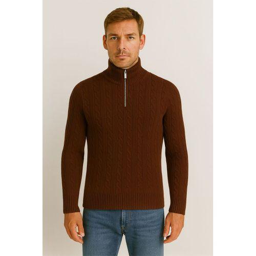 Bardem Saç Örgülü Yarım Fermuar Erkek Triko Kazak - Kahve