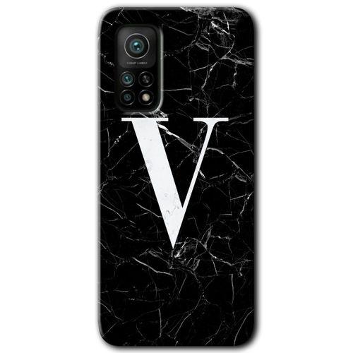 Xiaomi Mi 10T Kılıf HD Desen Baskılı Arka Kapak - Siyah Mermer Desenli V Harfi + Kırılmaz Cam