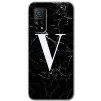 Xiaomi Mi 10T Kılıf HD Desen Baskılı Arka Kapak - Siyah Mermer Desenli V Harfi + Kırılmaz Cam