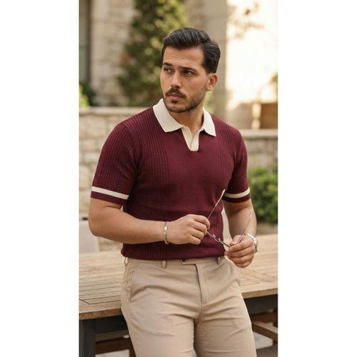 Erkek Renkli Yakalı File Desenli Kısa Kollu Tişört