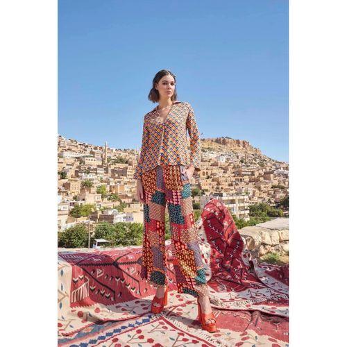 Etnik Desenli Saten Alt Üst Takım