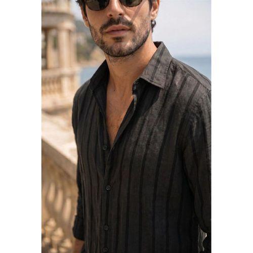 Ralph Çizgi Desenli Yumuşak Dokulu Rahat Kalıp Yazlık Erkek Gömlek - Siyah