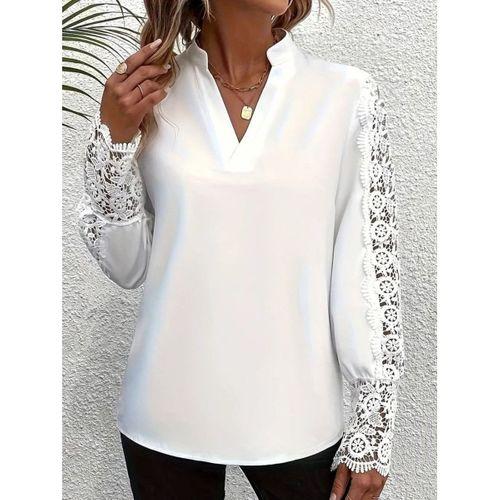 Kadın Uzun Kollu Hakim Yaka Kolları Dantel Detaylı Ithal Krep Bluz