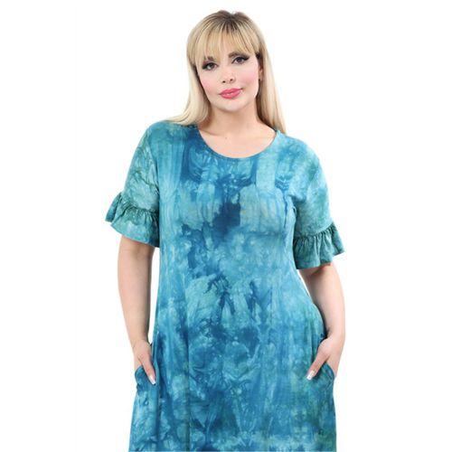 Melsay Butik Turkuaz Batik Yıkamalı Kısa Kollu Fırfırlı Cepli Kadın Midi Elbise