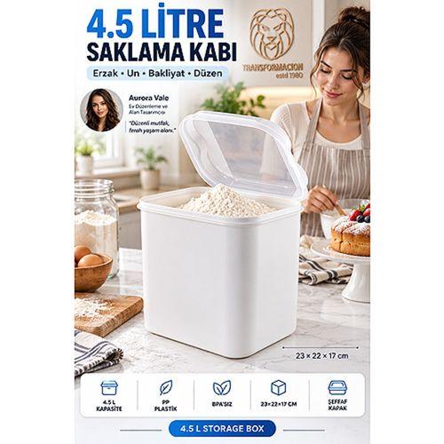4.5 Lt Geniş Hava Sızdırmaz Şeffaf Kapaklı Beyaz Mutfak Kiler Erzak Un Bakliyat Deterjan Saklama Kabı Düzenleyici Kutu 723708