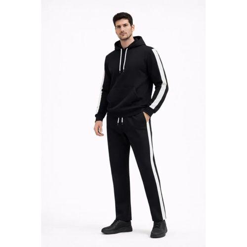 Erkek Şeritli Eşofman Takım Kapüşonlu Sweatshirt Boru Paça Alt, Oversize 3 Iplik Pamuklu - Siyah
