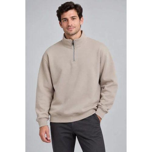 Erkek Üç İplik İçi Şardonlu Dik Yaka Yarım Fermuarlı Kışlık Sweatshirt - Bej