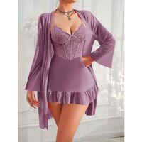 Özel Tasarım Dantel İşlemeli Fırfırlı Sabahlıklı 2'li Mor Gecelik Takımı