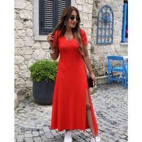 Kadın Kısa Kollu V Yakalı Maksi Boy Viskon Elbise