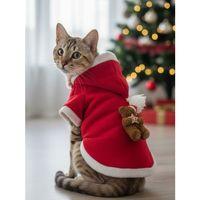 Teddy Amca Kırmızı Xmas Kedi Kıyafeti | Kapüşonlu Polar Noel Sweatshirt | Küçük Irklar İçin