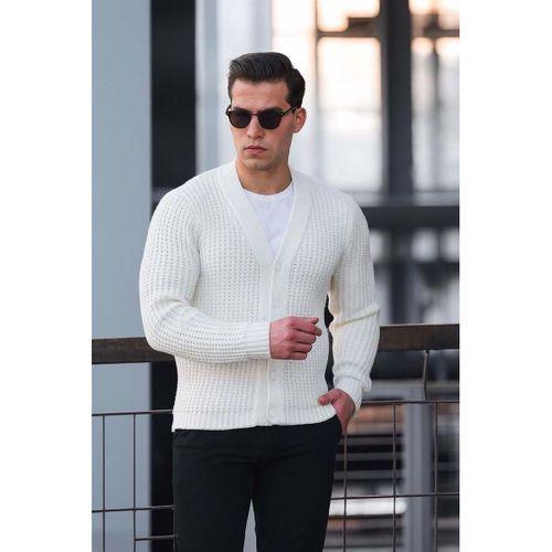 Nopenli Fitil Örgü Düğmeli Hırka - Taş