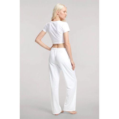 Kadın Beyaz Baskılı Crop T-shirt Pantolon Takım Rahat Günlük Spor Şık İkili Set
