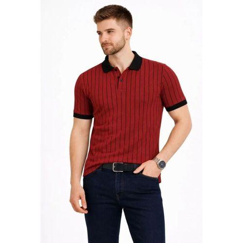 Erkek Polo Yaka Çizgili Tişört Kısa Kol Düğmeli Yazlık T-Shirt - Bordo