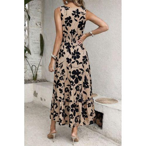 Kadın Beli Gipeli Etnik Desen Sıfır Kol Süprem Elbise