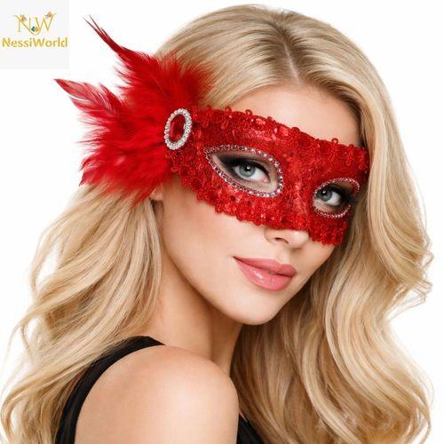 Kırmızı Taşlı Venedik Parti Maskesi – Tüylü Payetli